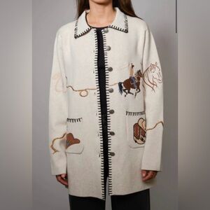 Large blue b western Cream Embroidered Western Coat with Black Trim